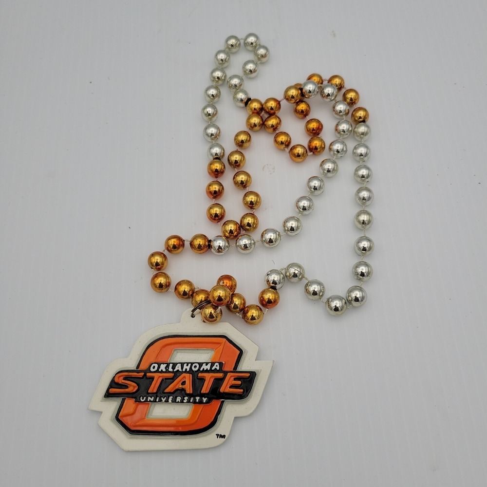 Oklahoma State Cowboys Mardi Gras Beads with Medallion Necklace Orange Silver